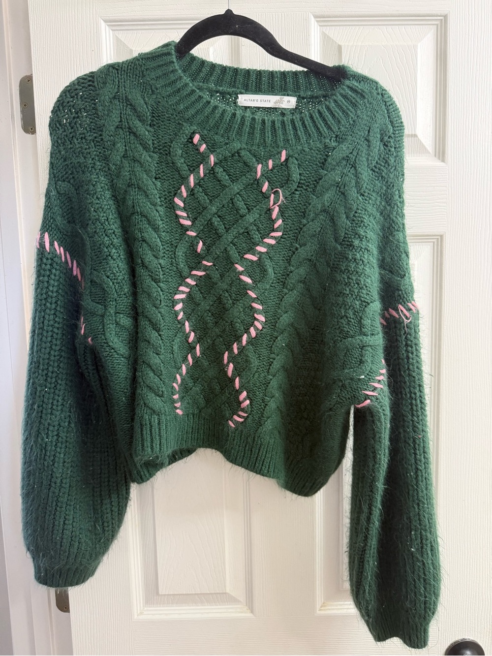 Altar'd State Dark Green Cable Knit Sweater with Pink Trim - Picture 1 of 2